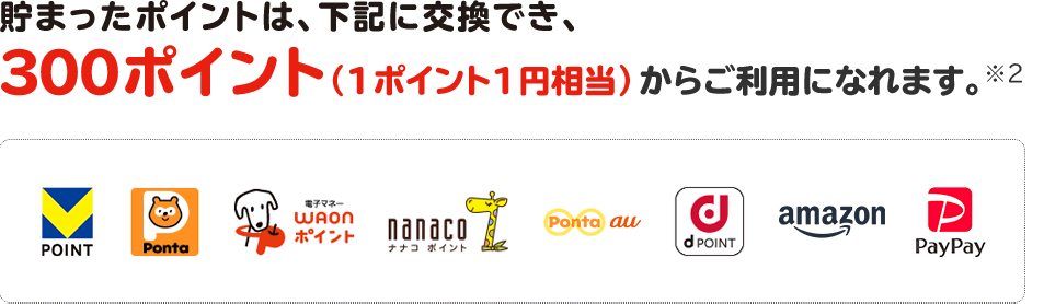 貯まったポイントは、下記に交換でき、1ポイント(=1円相当)からご利用になれます。